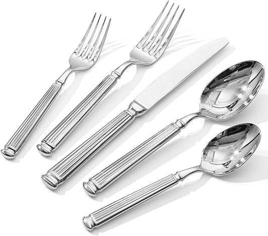 KINGSTONE Silverware Set for 12, 18/10 Stainless Steel Flatware Set Cutlery Set with Roman Column Style Thick Handle, Ideal for Family, Restaurant, Weddings, Parties and Gifts, Dishwasher Safe