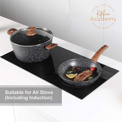 Kitchen Academy Induction Cookware Sets - 12 Piece Cooking Pan Set, Granite Black Nonstick Pots and Pans Set