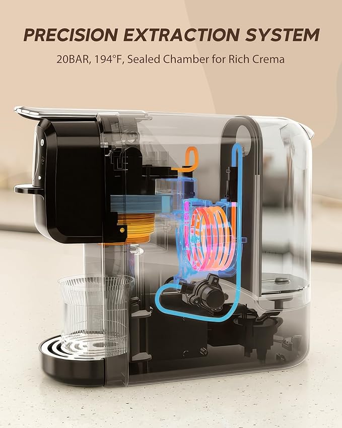 Multi-Capsule Espresso Machine, Brews Coffee or Hot Water, 20Bar Pressure, Compatible with Nespresso, Dolce Gusto, ESE Pods & Ground Coffee, Smart & Compact Design for Any Space,CM-C05A