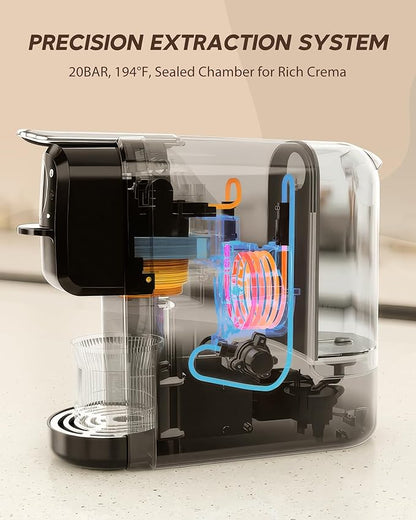 Multi-Capsule Espresso Machine, Brews Coffee or Hot Water, 20Bar Pressure, Compatible with Nespresso, Dolce Gusto, ESE Pods & Ground Coffee, Smart & Compact Design for Any Space,CM-C05A