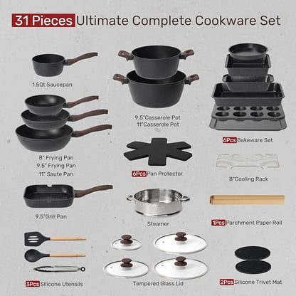 Kikcoin Pots and Pans Set Non Stick 31 Piece Kitchen Nonstick Cooking Cookware Sets with Grill Pan Saucepan Baking Sheet Utensil