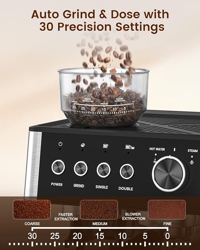 Espresso Machine with Grinder, 20 Bar Expresso Coffee Machines with Milk Frother Steam Wand, Professional Espresso Maker with Removable Water Tank, Cappuccino & Latte Machine for Home