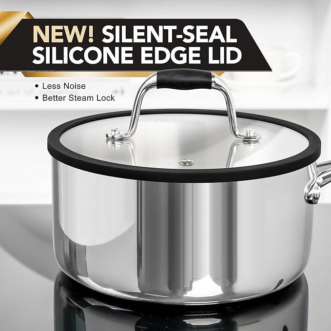 MICHELANGELO Triply Stainless Steel Saucepan Set with Strainer Lid, Heavy-duty Sauce Pan with Lid, Multipurpose Sauce Pot Induction Compatible - 1QT & 2QT & 3QT