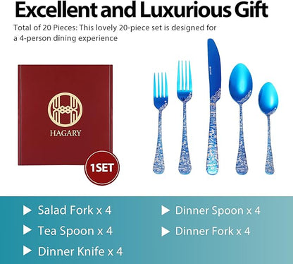 Blue Wave Cutlery Set 20 Pieces Stainless Steel Flatware Set Service for 4 Utensils For Home Kitchen Wedding Laser Engraved Dishwasher Safe All Blue