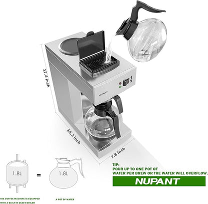 12-Cup Coffee Maker 1.8L Commercial Drip Coffee Maker Pour Over Coffee Machines with 2 Glass Carafes and 2 Warmers Plate Stainless Steel Coffee Brewer for Cofe Bar