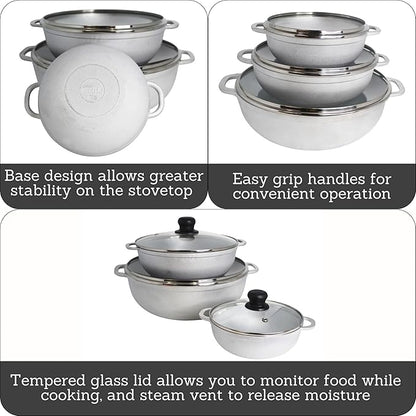 IMUSA Caldero Stock Pot with Glass Lid 3pc Set, 1.5/3.5/7 QT, Cast Aluminum, Perfect for Serving Large & Small Groups, Riveted Handles, Made in Colombia, Silver