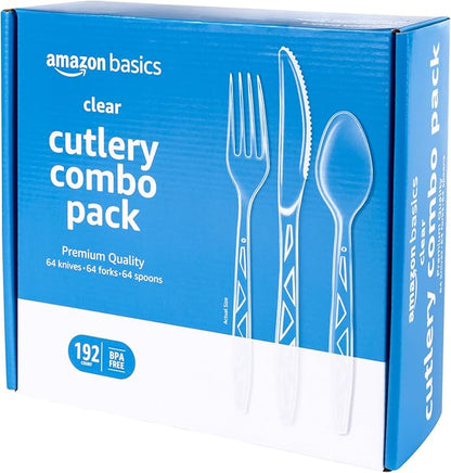 Basics Disposable Clear Assorted Cutlery Set, Premium Quality, 192 Count, Large Combo Pack Forks, Spoon and Knives