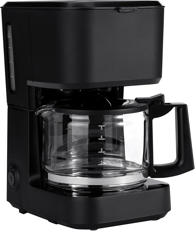 Basics 5 Cup Drip Coffee Maker, Coffee Machine with Glass Coffee Pot (0.8 Qt), Auto Shut-off, Auto Pause, Removable Filter Basket, Matte Black