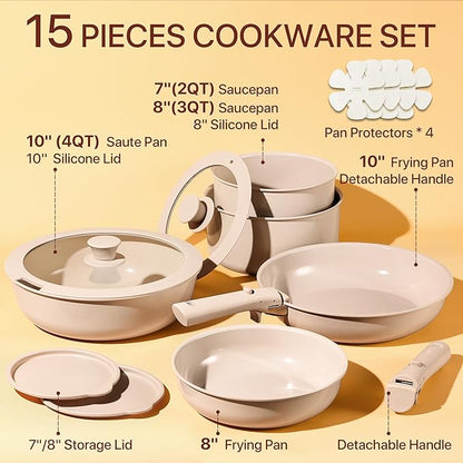 CAROTE Ceramic Cookware Sets, Pots and Pans Set Non Stick Non Toxic, Induction Cookware, Kitchen Cookware Sets, Pots Set for Healthy Coooking 15PCS, Taupe