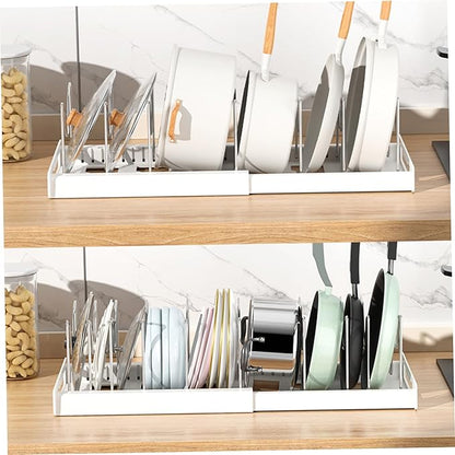Pot and Pan Organizer, Expandable Pot Lid Holder with 7 Adjustable Compartments, U-shape Rack Organizer, Space-saving Lid for Cabinet, White