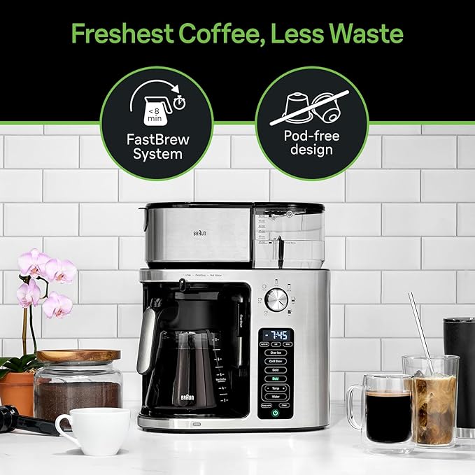 Braun MultiServe Plus 10-Cup Drip Coffee Maker - Hot & Cold Multi-Serve Brewer with Timer and Auto Start, Hot Water Dispenser, Over Ice Function, Stainless Steel & Pod-Free Design, KF9370SI