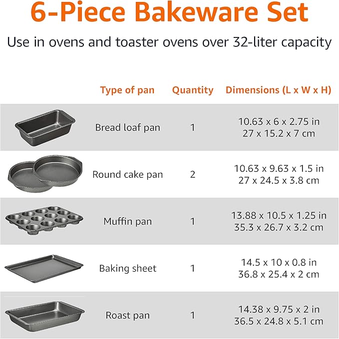 Basics 6 Piece Nonstick, Carbon Steel Oven Safe Bakeware Set with Cake, Muffin, Cookie, and Loaf Pans, 6 Piece, 16.25 x 11.75 x 6.25 inches