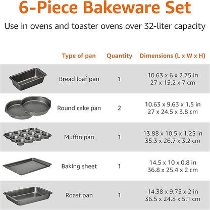 Basics 6 Piece Nonstick, Carbon Steel Oven Safe Bakeware Set with Cake, Muffin, Cookie, and Loaf Pans, 6 Piece, 16.25 x 11.75 x 6.25 inches