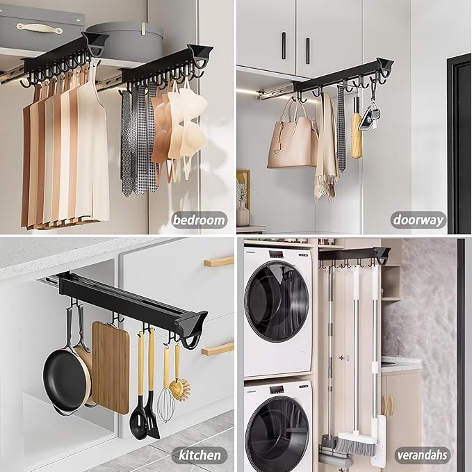 Hanging Pot Rack with 8 Hook for Cabinet 18inch Pull Out Pot and Pan organizer Adjustable Pot Racks with Sliding Rail Storage Utility Rack Used for Kitchen/Closet/Cupboard,Load 75LBS