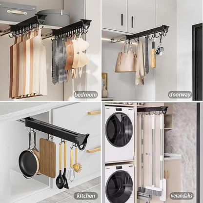Hanging Pot Rack with 8 Hook for Cabinet 18inch Pull Out Pot and Pan organizer Adjustable Pot Racks with Sliding Rail Storage Utility Rack Used for Kitchen/Closet/Cupboard,Load 75LBS