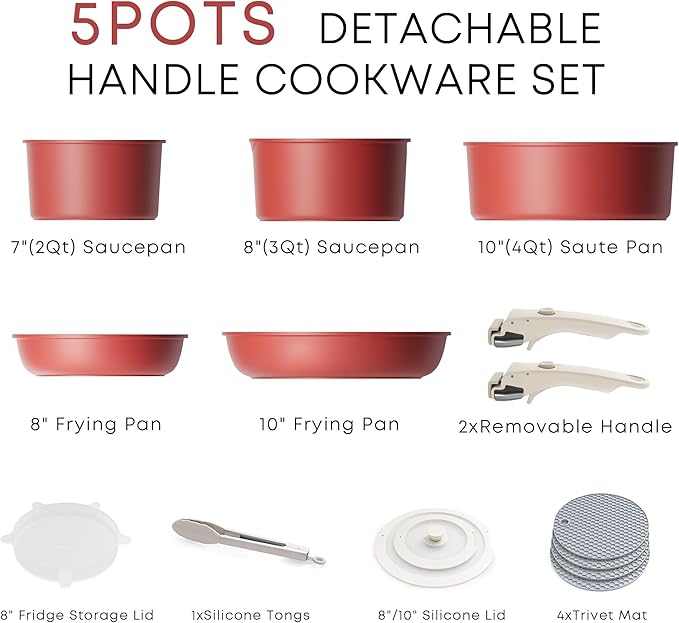Caannasweis Detachable Nonstick Cookware Set - Stackable Induction Pots and Pans With Removable Handles, Dishwasher Safe - For RV Camping, Oven and Stovetop Use, 5 Pieces (Red)