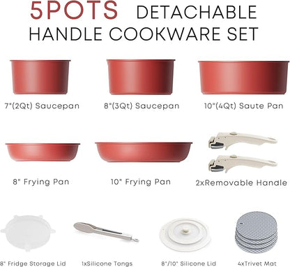 Caannasweis Detachable Nonstick Cookware Set - Stackable Induction Pots and Pans With Removable Handles, Dishwasher Safe - For RV Camping, Oven and Stovetop Use, 5 Pieces (Red)