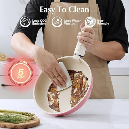 IKTU Ceramic Pots and Pans Set Non Stick Pink, 5Pcs Nonstick Cookware Set with Detachable Handle RV Camping Induction Kitchen Cookware Set Non Stick, PFAS PFOA & PTFE Free