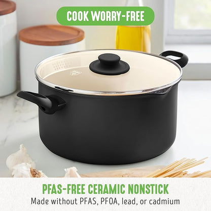 GreenLife 6QT Ceramic Nonstick Stockpot with Glass Straining Lid, PFAS & PFOA-Free, Dishwasher Safe, Stay-Cool Handles, Oven Safe to 350°F, Wobble-Free Base, Even Heating, Black