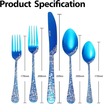 Blue Wave Cutlery Set 20 Pieces Stainless Steel Flatware Set Service for 4 Utensils For Home Kitchen Wedding Laser Engraved Dishwasher Safe All Blue