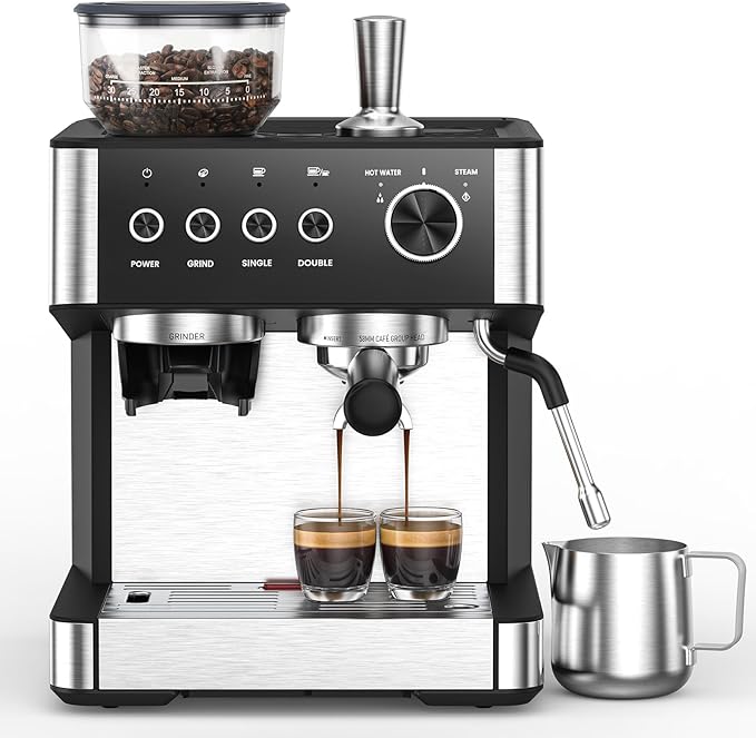 Espresso Machine with Grinder, 20 Bar Expresso Coffee Machines with Milk Frother Steam Wand, Professional Espresso Maker with Removable Water Tank, Cappuccino & Latte Machine for Home