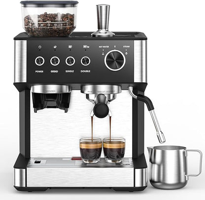 Espresso Machine with Grinder, 20 Bar Expresso Coffee Machines with Milk Frother Steam Wand, Professional Espresso Maker with Removable Water Tank, Cappuccino & Latte Machine for Home