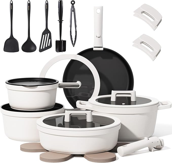 CAROTE 22pcs Pots and Pans Set Non Stick, Detachable Handle Cookware Set White, RV Cooking Set, Dishwasher/Oven/Fridge Safe, Pot and Pan Set, Induction Cookware
