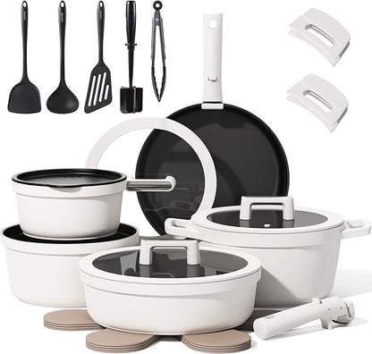 CAROTE 22pcs Pots and Pans Set Non Stick, Detachable Handle Cookware Set White, RV Cooking Set, Dishwasher/Oven/Fridge Safe, Pot and Pan Set, Induction Cookware