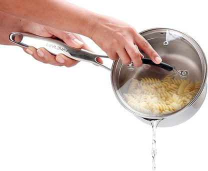 AVACRAFT Stainless Steel Saucepan with Glass Strainer Lid, Two Side Spouts for Easy Pour with Ergonomic Handle, Multipurpose Sauce Pot (5-Ply Capsule Bottom, 2.5 Quart)