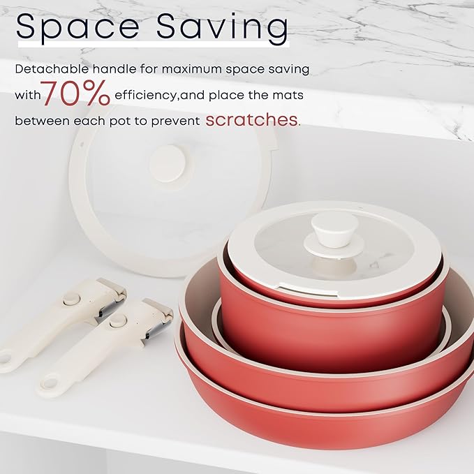 Caannasweis Detachable Nonstick Cookware Set - Stackable Induction Pots and Pans With Removable Handles, Dishwasher Safe - For RV Camping, Oven and Stovetop Use, 5 Pieces (Red)