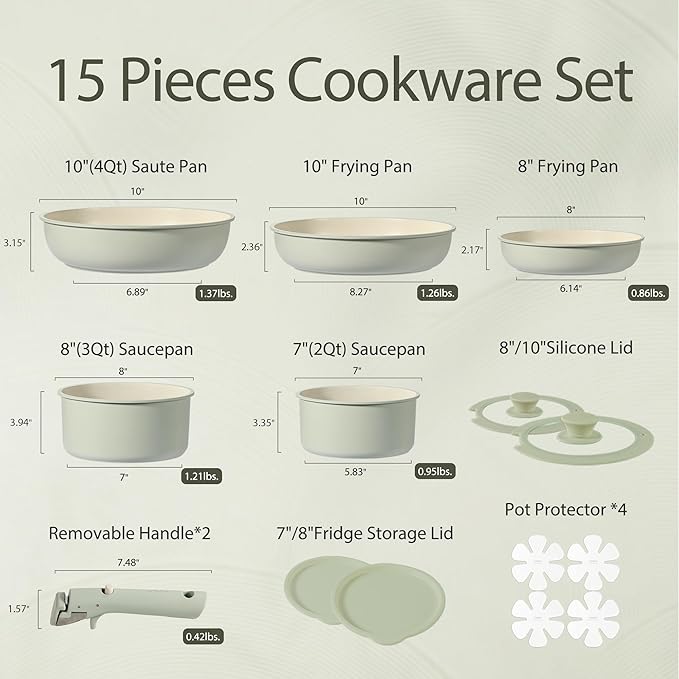 CAROTE Pots and Pans Set, Nonstick Cookware Set Detachable Handle, 15pcs Induction Kitchen Cookware Sets Non Stick with Removable Handle, RV Cookware Set, Oven Safe, Sage Green
