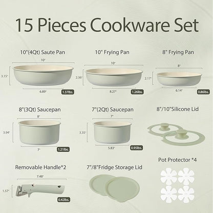 CAROTE Pots and Pans Set, Nonstick Cookware Set Detachable Handle, 15pcs Induction Kitchen Cookware Sets Non Stick with Removable Handle, RV Cookware Set, Oven Safe, Sage Green