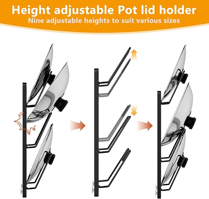 FEIZHI pot lid organizer Rack, 3-tier adjustable and removable Pot Lids Holder for Kitchen Cabinet Door/Wall, No Drilling Adhesive Wall/Door Mounted Rustproof pots and pans organizer under cabinet