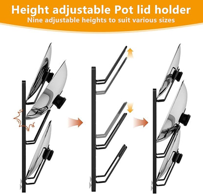 FEIZHI pot lid organizer Rack, 3-tier adjustable and removable Pot Lids Holder for Kitchen Cabinet Door/Wall, No Drilling Adhesive Wall/Door Mounted Rustproof pots and pans organizer under cabinet