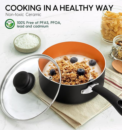MICHELANGELO Nonstick Sauce Pan With Lid, 1QT, 2QT & 3QT Ceramic Saucepan, Copper Saucepans, PFAS-FREE Pot Set, Small Pots For Cooking, Multipurpose Cooking Pots Set For Home Kitchen, Dishwasher Safe
