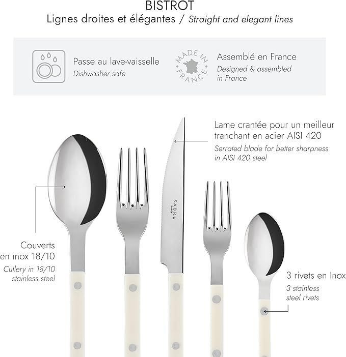 5-Piece Flatware Set - Bistrot Collection - Knife, Fork, Soup Spoon, Teaspoon & Dessert Fork - Stainless Steel & Nylon - Dishwasher Safe - Ivory - Brilliant Finish