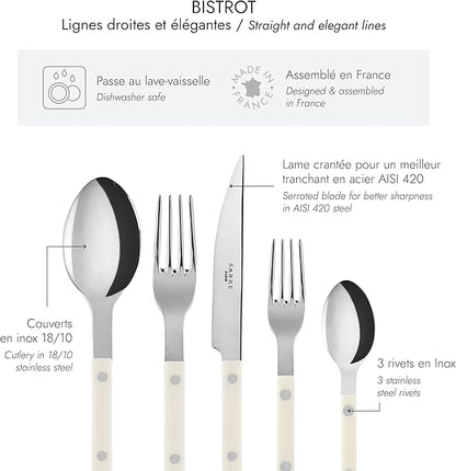 5-Piece Flatware Set - Bistrot Collection - Knife, Fork, Soup Spoon, Teaspoon & Dessert Fork - Stainless Steel & Nylon - Dishwasher Safe - Ivory - Brilliant Finish