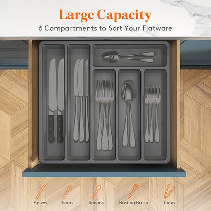 Lifewit Silverware Organizer with Lid, Covered Utensil Tray for Kitchen Drawer and Countertop, Plastic Cutlery and Flatware Storage Box for Spoons Forks Knives Holder Case, 6 Compartments, Gray