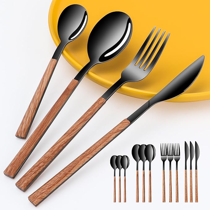 Stainless Steel Flatware Set for 4, Cutlery Utensils Set Include Knives/Forks/Spoons Service for 4, Mirror Polished and Dishwasher Safe (b lack)