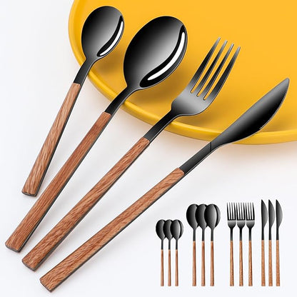 Stainless Steel Flatware Set for 4, Cutlery Utensils Set Include Knives/Forks/Spoons Service for 4, Mirror Polished and Dishwasher Safe (b lack)