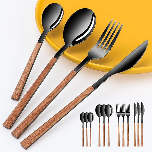 Stainless Steel Flatware Set for 4, Cutlery Utensils Set Include Knives/Forks/Spoons Service for 4, Mirror Polished and Dishwasher Safe (b lack)