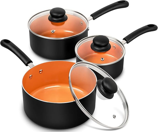 MICHELANGELO Nonstick Sauce Pan With Lid, 1QT, 2QT & 3QT Ceramic Saucepan, Copper Saucepans, PFAS-FREE Pot Set, Small Pots For Cooking, Multipurpose Cooking Pots Set For Home Kitchen, Dishwasher Safe