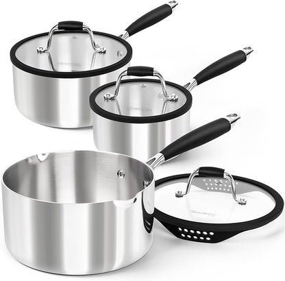 MICHELANGELO Triply Stainless Steel Saucepan Set with Strainer Lid, Heavy-duty Sauce Pan with Lid, Multipurpose Sauce Pot Induction Compatible - 1QT & 2QT & 3QT