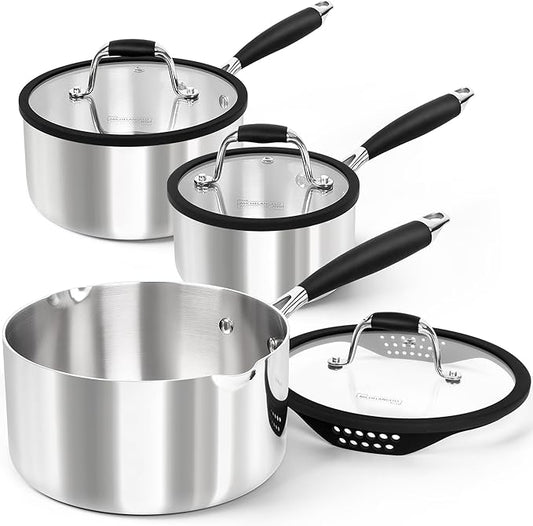 MICHELANGELO Triply Stainless Steel Saucepan Set with Strainer Lid, Heavy-duty Sauce Pan with Lid, Multipurpose Sauce Pot Induction Compatible - 1QT & 2QT & 3QT