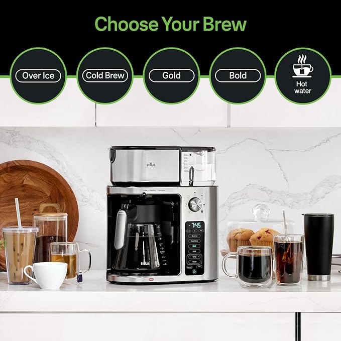Braun MultiServe Plus 10-Cup Drip Coffee Maker - Hot & Cold Multi-Serve Brewer with Timer and Auto Start, Hot Water Dispenser, Over Ice Function, Stainless Steel & Pod-Free Design, KF9370SI