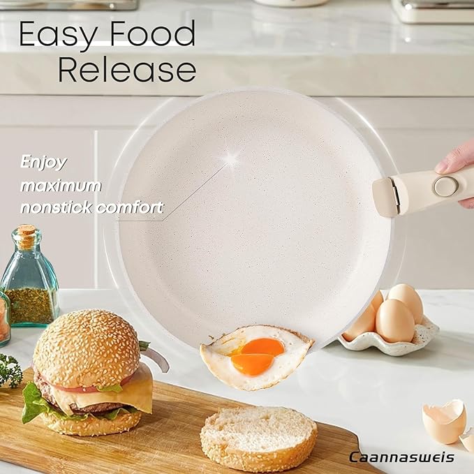 Caannasweis Detachable Nonstick Cookware Set - Stackable Induction Pots and Pans With Removable Handles, Dishwasher Safe - For RV Camping, Oven and Stovetop Use, 5 Pieces (Red)