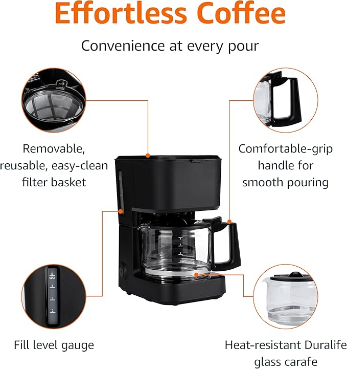 Basics 5 Cup Drip Coffee Maker, Coffee Machine with Glass Coffee Pot (0.8 Qt), Auto Shut-off, Auto Pause, Removable Filter Basket, Matte Black