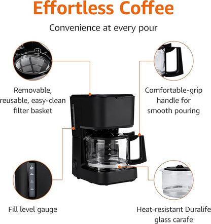 Basics 5 Cup Drip Coffee Maker, Coffee Machine with Glass Coffee Pot (0.8 Qt), Auto Shut-off, Auto Pause, Removable Filter Basket, Matte Black