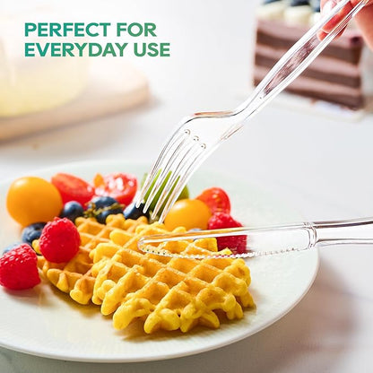 FOCUSLINE 360 Count Clear Plastic Silverware, 120 Forks, Knives and Spoons Each, BPA-Free, Heavy Duty Disposable Cutlery Set, Premium Disposable Flatware Plastic Utensils for Party Everyday Use