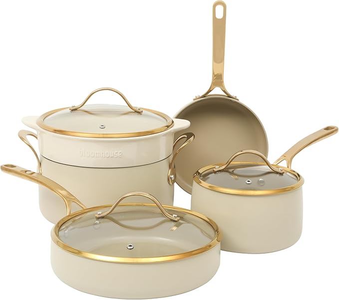 Oprah's Favorite Things - 8 Piece Pots and Pans Heavy Duty Aluminum Premium PFA Free Ceramic Nonstick Dutch Oven Pot w/Lid - Almond Cream w/Gold Handle